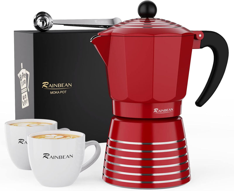 RAINBEAN Stovetop Espresso Maker 6 CUP, 12 OZ / 350ML Aluminum Moka Pot Gift Set for Christmas, Italian Cuban Greca Coffee Maker Easy to Use & Clean, Black Espresso Percolator Aluminum Durable, with Two 8oz Ceramic Coffee Cup & Stainless Spoon