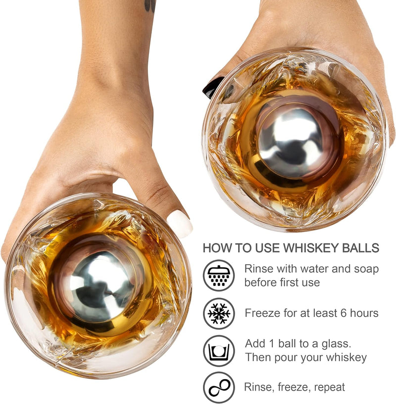 Gifts for Men Dad Husband Christmas- 4 XL Stainless Steel Whisky Ice Balls, Special Tongs & Freezer Pouch in Luxury Gift Box for Whiskey Lovers!