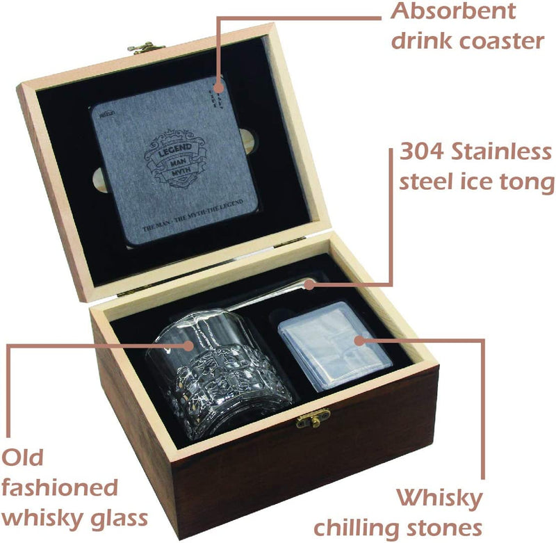 Whiskey Stones and Whiskey Glass Gift Set, Pack of 6 Whiskey Stones with Old Fashion Whiskey Glass, Absorbent Drink Coaster and Stainless Steel Tong, Man/Myth/Legend, Gift for Father/Husband - Aiizun