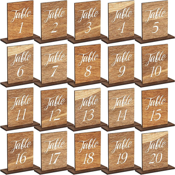 20 Pcs Wedding Wooden Table Wedding Table Numbers with Wooden Base Rustic Wedding Centerpieces for Tables Number Wooden Sign for Banquet Restaurant Party Decor (Classic Style)