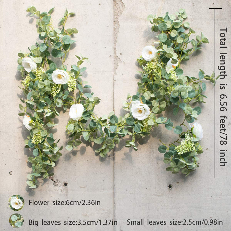 656Ft Eucalyptus Garland with Flowers and White Roses - Artificial Greenery for Party and Wedding Decoration