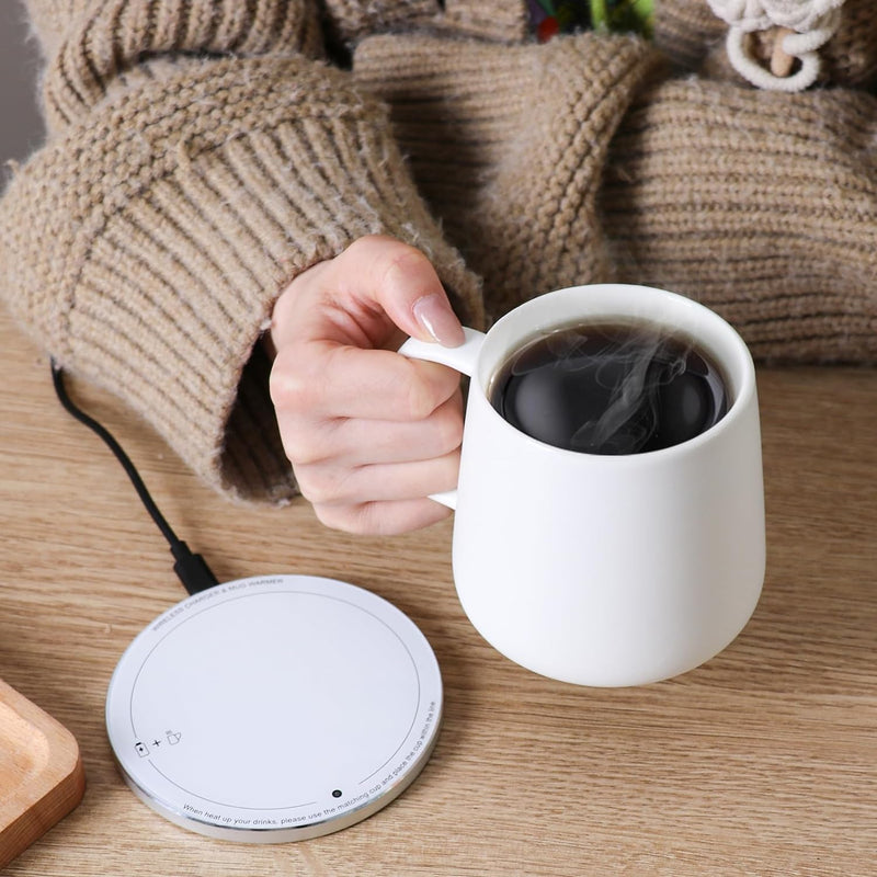 APEKX Self-Heating Ceramic Mug Set - 130°F / 55°C Optimal Temperature Control, Wireless 15W Phone Charging Pad - 12.8 fl oz/380 mL Capacity with USB-C Power Adapt (White)