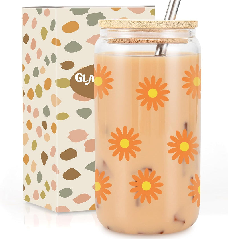 GSPY Daisy Aesthetic Cups, Iced Coffee Cup, Cute Glass Cups with Lids and Straws - Iced Coffee Glasses, Flower Mug Glass Cup, Glass Tumbler - Birthday, Christmas Gifts for Women, Coffee Lovers