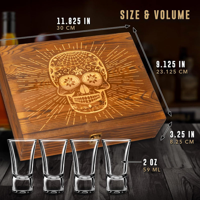 Atterstone Tequila Shot Glass Sugar Skull Wooden Box Set for Men and Women - 4 Premium Shot Glasses, Garnish Knife, Lime Cutting Stone, Salt Tin, Perfect for Themed Parties