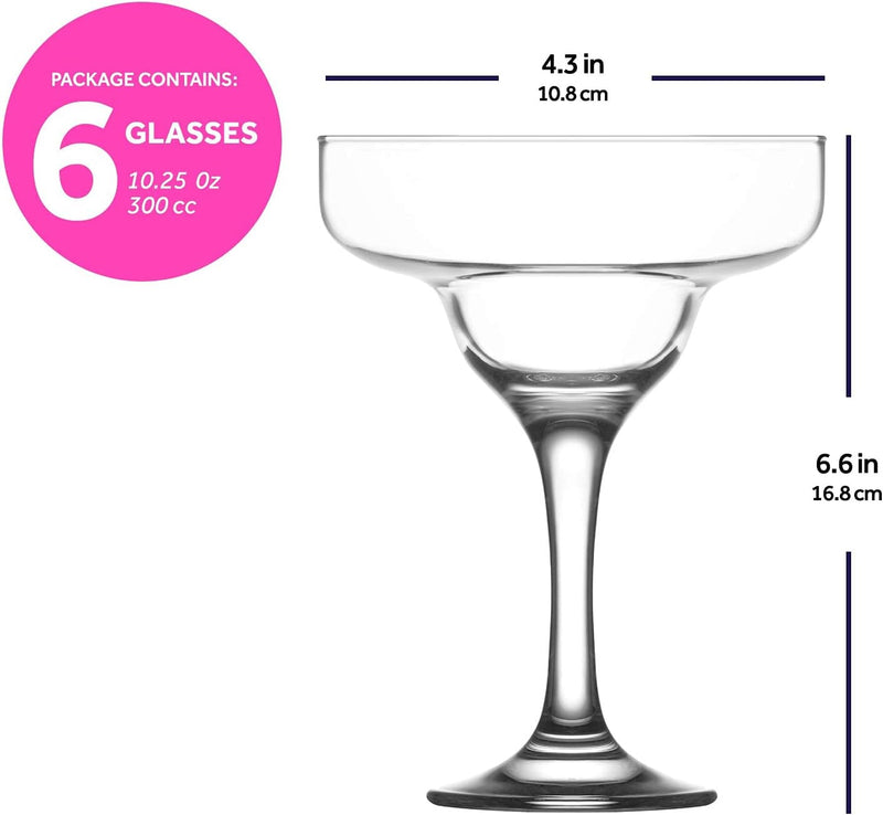 lav Margarita Glasses Set of 6 - Margarita Cocktail Glasses 10.25 oz - Clear Daiquiri Glasses for Parties - Classic Cocktail Drinking Glasses for Frozen Drinks - Made in Europe
