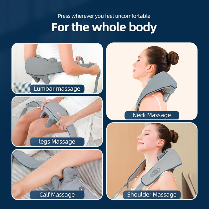 LIARTY Neck and Shoulder Massager, Shiatsu Electric Cordless Massager for Shoulder, 6D Kneading Massage Pillow for Back, Leg, Waist, Trapezius, Muscle Relaxation, Home & Office Use, Grey