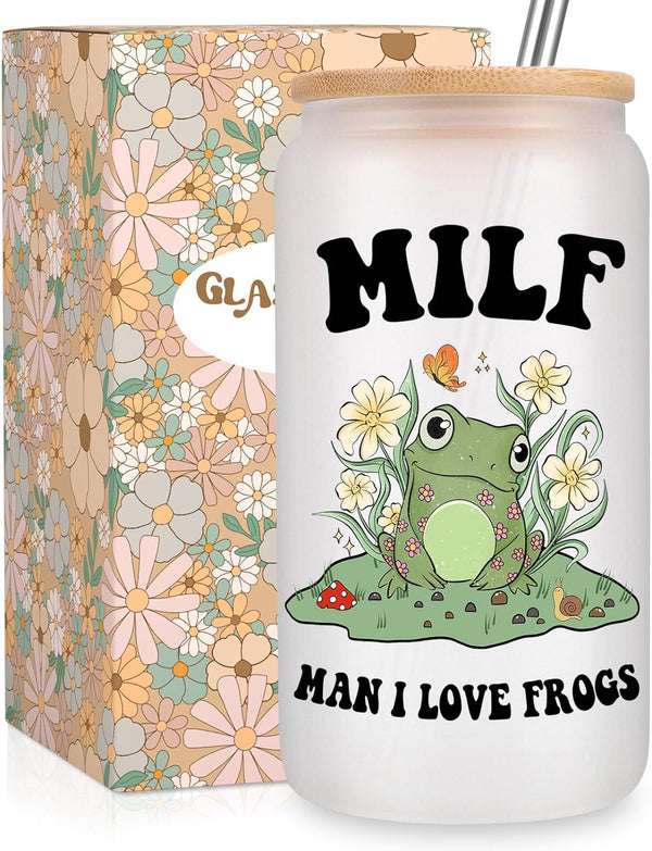 Fairy's Gift Cute Frog Cup, Iced Coffee Cup, Frosted Glass Cup w/Bamboo Lid & Straw - Man I Love Frogs - Frog Themed Christmas, Frog Gifts for Women, Mom, Wife, Pregnant Friend, Girlfriend