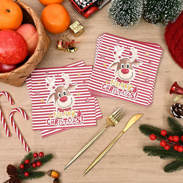 Homlouue 100 Christmas Paper Napkins 3ply, Merry Christmas Cocktail Napkins for Bathroom, Cartoon Reindeer Napkins Disposable for Dinner Kitchen Dinner, Paper Towels for Holiday Xmas Winter Christmas