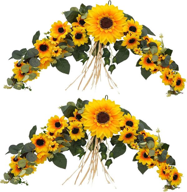 2Pcs Artificial Sunflower Swags - 236 Rustic Silk Front Door Swag with Greenery Leaves - Wedding Party Home Office Decor