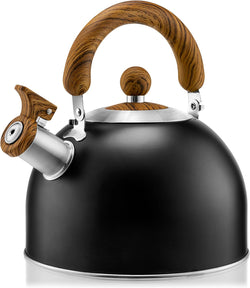 Tea Kettle Stovetop - HIHUOS 2.6QT Whistling Teapot for Stovetop - Stainless Steel Tea Pots for Stove Top, 3-ply Composite Base, Fast Boiling Teakettle Work for All Heat Sources (Black)