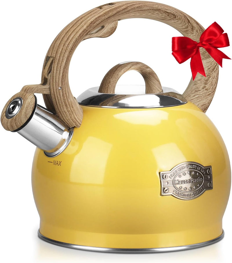 Tea Kettle, 2.1 Quart Stove Top Whistling Tea Kettle, Teapot with Food Grade Stainless Steel and Wood Pattern Folding Handle, Suitable for All Heat Sources,(Yellow)