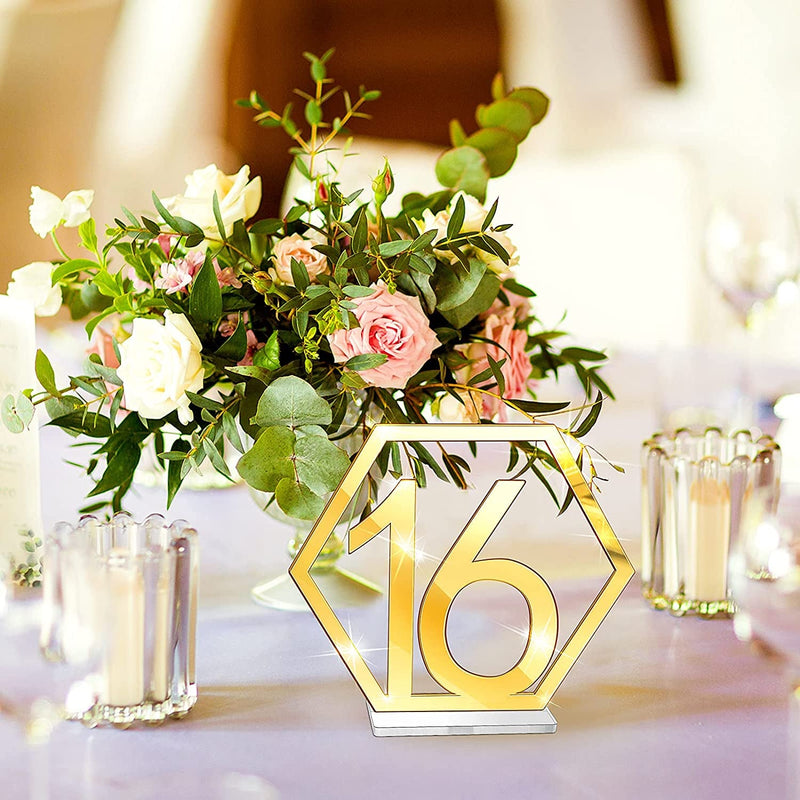 Table Numbers Wedding Acrylic Table Numbers Hexagon Wedding Numbers Hollow Out Reception Stands Seat Numbers with Holder Base for Wedding Party Event Catering Decoration (Gold)