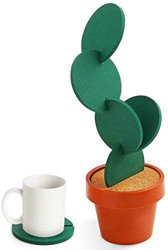 Cactus Coaster Set with Flowerpot Holder - Novelty Coasters for Home Office Bar Decor by Sirensky Set of 6