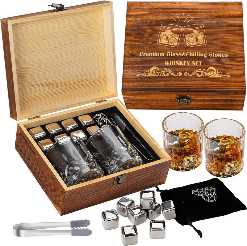 13 in 1 Whiskey Glasses Set Gifts for Men, Whiskey Stones Bourbon Drinking Glass with Wooden Gift Box, Cocktails Scotch Cups Birthday Gift Set for Him