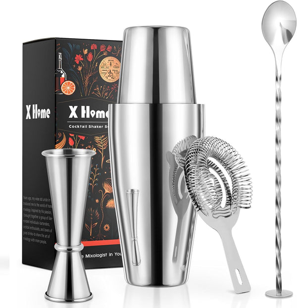 X Home Cocktail Shaker Set, Professional 4-Piece Bar Tool Set with Easy-to-Measure Jigger, 10-inch Mixing Spoon, Boston Shaker, and 2-Prong Bar Strainer, Bartender's Choice