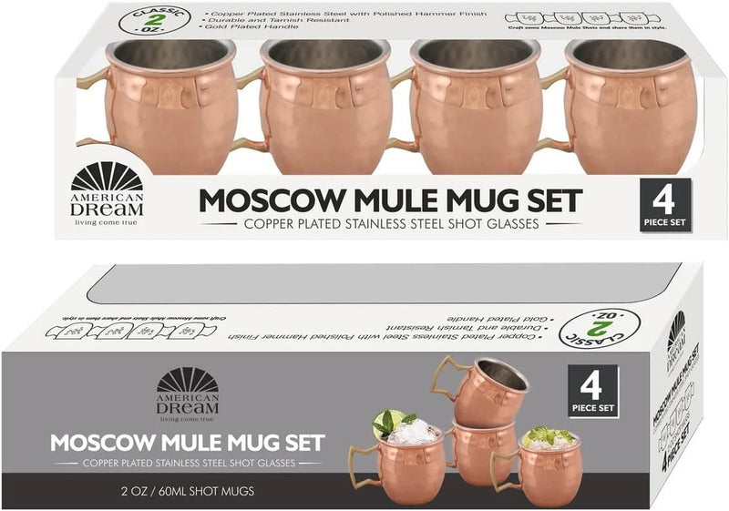 J&V TEXTILES Moscow Mule Copper Mugs - Gift Set of 4, 100% Solid Handcrafted Copper Cups - 2 Ounce Food Safe Hammered Mug For Mules