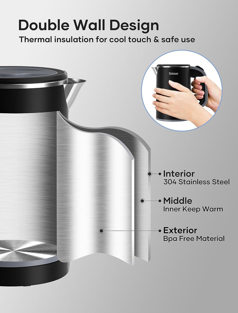 Sekaer Small Electric Tea Kettle Stainless Steel 0.8L Portable Travel Hot Water Boiler, Mini Electric Coffee Kettle with Auto Shut-Off & Boil Dry Protection, Cordless Base & LED Indicator