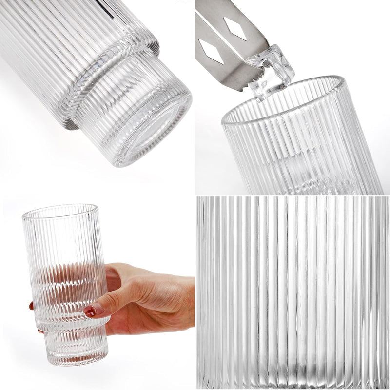 DEAYOU 6 Pack Ribbed Drinking Glass, 10 OZ Vintage Highball Glass Cup, Stackable Clear Glassware, Crystal Thick Collins Tumbler with Heavy Base for Cocktail, Water, Hot or Cold Drink, Origami Style