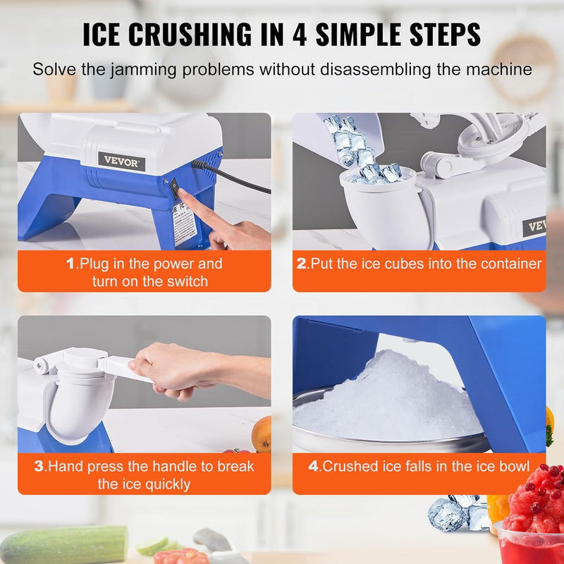 VEVOR Ice Crushers Machine, 176lbs Per Hour Electric Snow Cone Maker with 2 Blades, Shaved Ice Machine with Cover, 220W Ice Shaver Machine for Margaritas, Home and Commercial Use