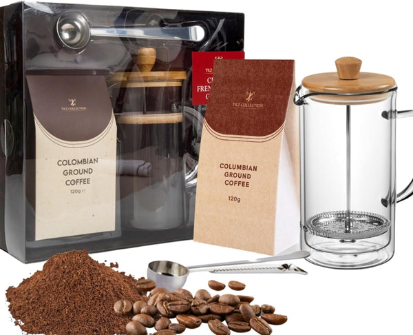 Coffee Gifts For Women, Men |French Press Coffee Maker (600ml), Cafetiere 4 Cup, 120g Colombian Ground Coffee And Coffee Spoon, Cafetiere Gift Set |Coffee Lovers Gifts For Men |Coffee Gifts For Women