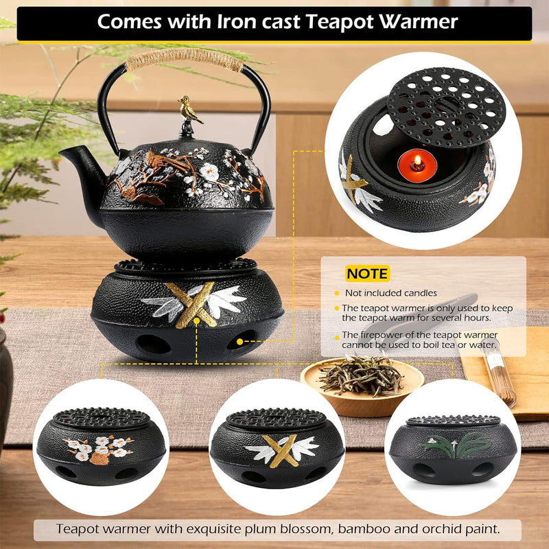 Dyna-Living Cast Iron Teapot with Warmer 720ml/24.5oz Japanese Teapot with Infuser Cast Iron Tea Pot Set with 2 Tea Cups Japanese Style Teapot for Stovetop Cast Iron Tea Kettle for Home Use