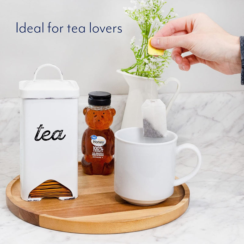 AuldHome Farmhouse Enamelware Tea Bag Holder (White); Enamelware Tea Bag Caddy Dispenser for Wrapped Individual Tea Sachets