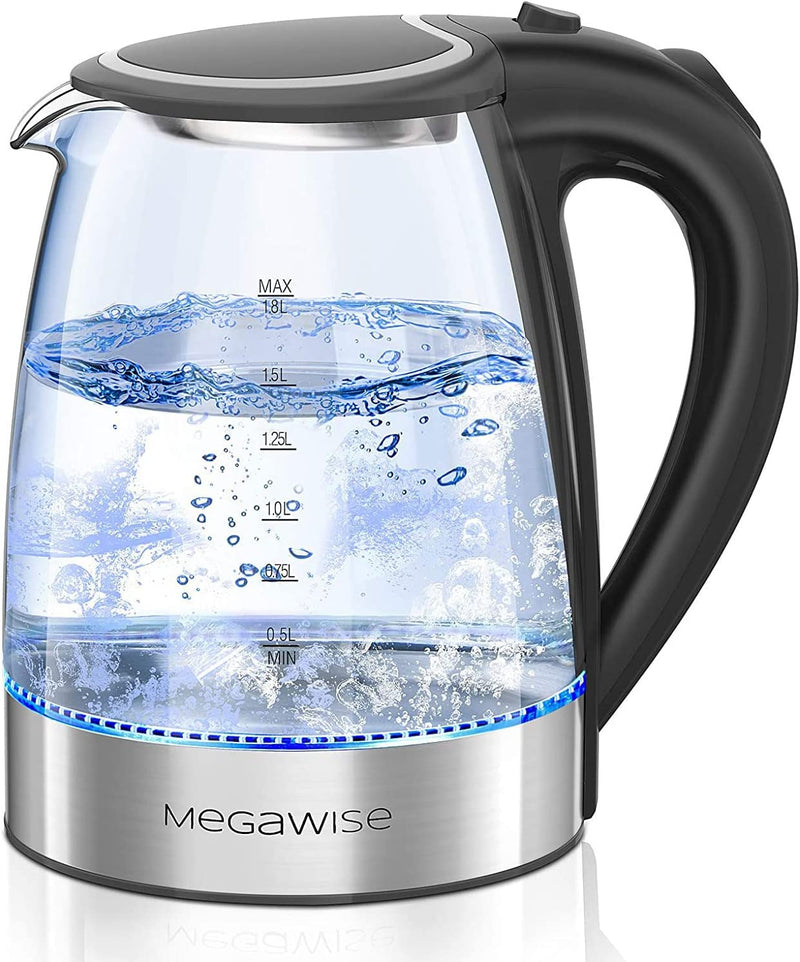 MegaWise Electric Kettle, 1.8L Borosilicate Glass Tea Kettle with LED Light, Auto Shut-Off and Boil-Dry Protection Cordless Kettle Fast Boiling