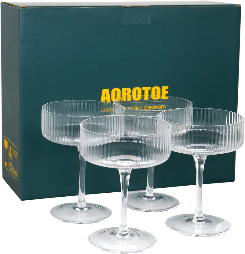 AOROTOE Coupe Glasses Set Of 4 Vintage Glassware Champagne Martini Cocktail Crystal Wine Glasses Fluted Ribbed Coupe Glasses Gifts Housewarming Weddings Aniversary 10 Oz