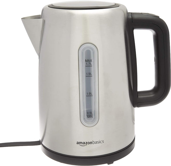 Amazon Basics Stainless Steel Fast, Portable Electric Hot Water Kettle for Tea and Coffee, 1.7-Liter, Black and Sliver
