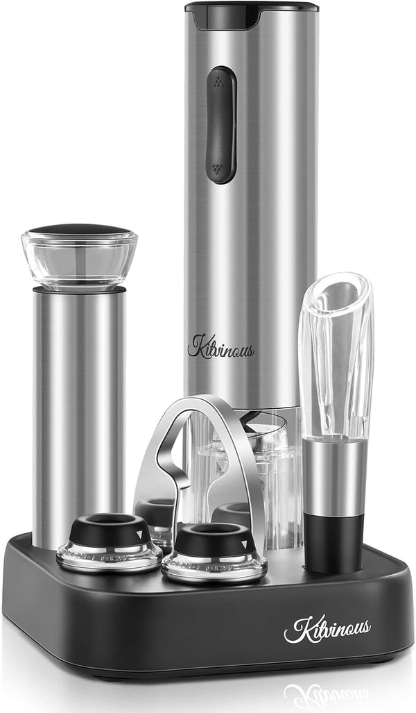 KITVINOUS Electric Wine Opener Set with Charging Base, Automatic Wine Bottle Opener with Led Light, Durable Corkscrew with Wine Aerator & Preserver Vacuum Pump with 2 Stoppers, Foil Cutter, Silver