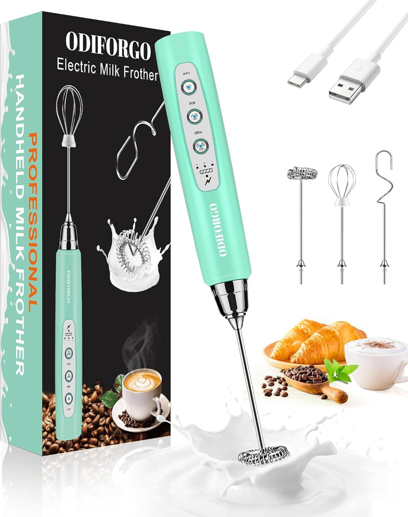 ODIFORGO Rechargeable Milk Frother Handheld, Electric Drink Mixer with 3 Stainless Whisks 3 Speed Adjustable, Coffee Foam Maker, Electric Whisk, Coffee Frother Wand for Latte Matcha Protein Powder