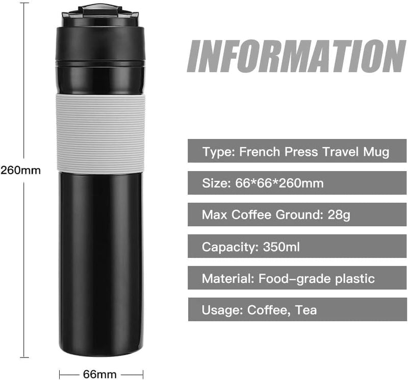 ALLOMN French Press Coffee Maker, Portable Travel Tea Coffee Press Mug, 12oz/350ml Coffee Pot Tea and Frothed Milk Press, Vacuum Insulated Coffee Presses for Home Indoor Outdoor Travel, Black