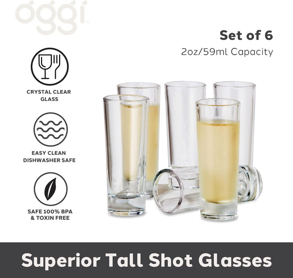 Oggi Tall Shot Glasses w/Heavy Base, Set 6 - Real Glass Shot Glass Set, Cool & Classic Design Ideal Groomsmen Gifts, Tequila Shot Glasses, Bachelor Party Favors for Men - 2oz / 59ml