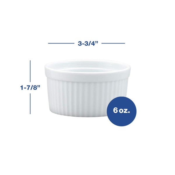 Set of 6 HIC Souffle Ramekins - Fine White Porcelain 6-Ounce Durable and Versatile for Baking Desserts and Appetizers - Microwave Broiler and Dishwasher Safe