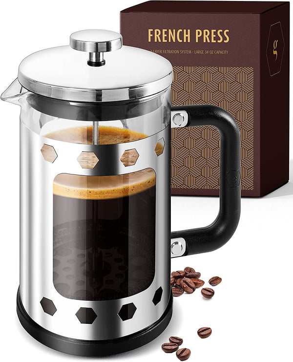 Gracie's Finest French Press Coffee Maker - Large 34 oz. Glass Coffee Pot Carafe with Stainless Steel Filter - French Press Coffee at Home or Office - Dishwasher Safe