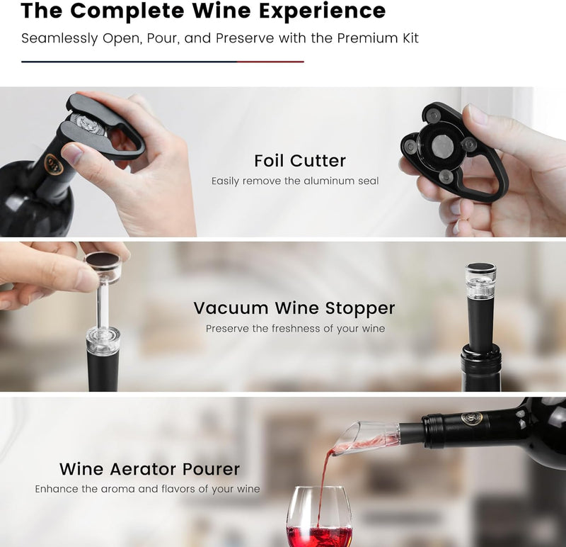 Flauno Electric Wine Opener Rechargeable - Automatic Wine Bottle Opener, Electric Corkscrew Wine Opener with Foil Cutter, Vacuum Wine Stopper, Wine Aerator Pourer, USB C Charger, Wine Gift Set