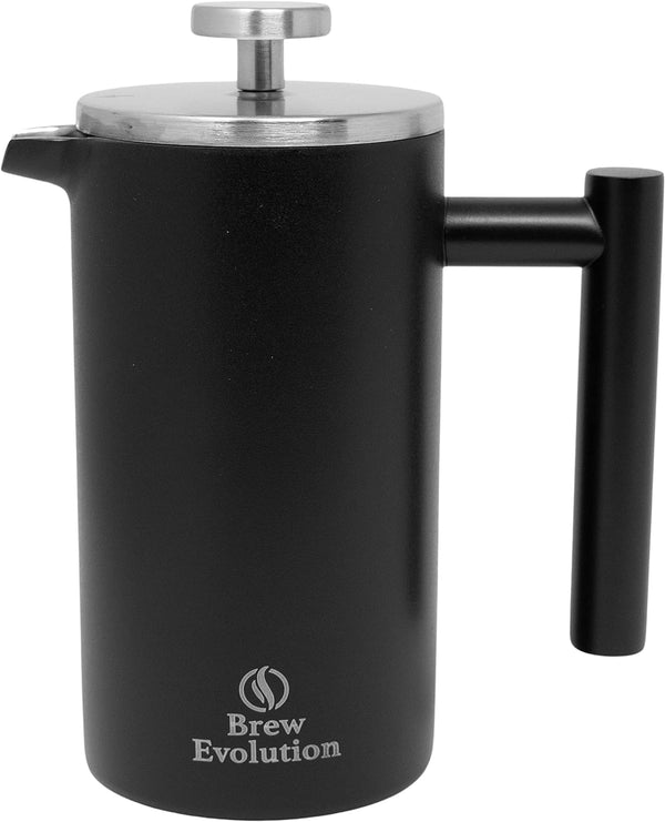 Brew Evolution 20 oz Stainless Steel French Press Coffee Maker | Double Walled Insulated Coffee & Tea Brewer Pot & Maker | Keeps Brewed Coffee or Tea Hot | 600 ml, Gray Black