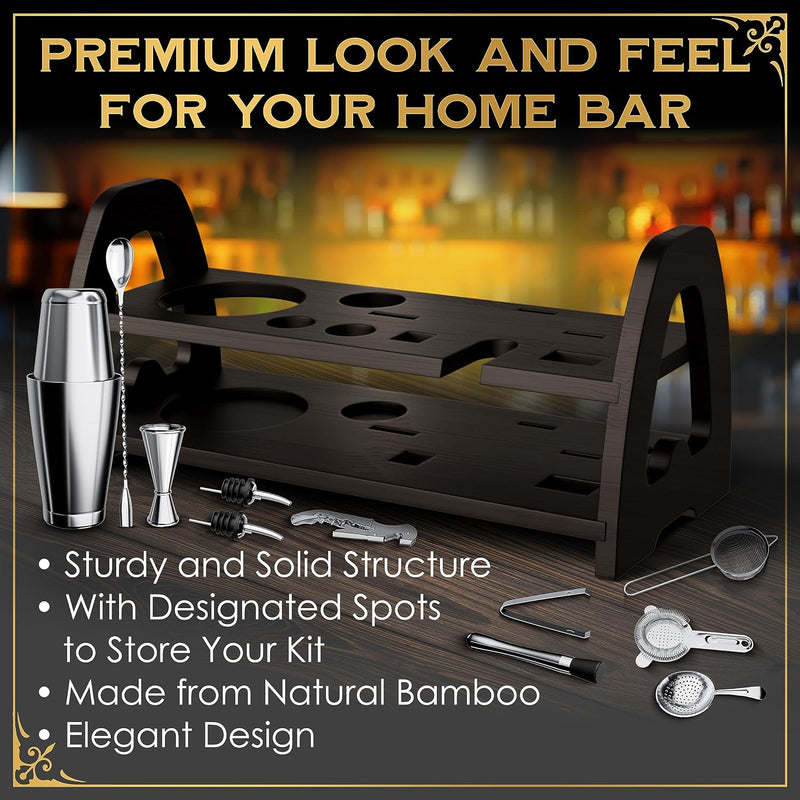 Aberdeen Oak Mixology Bartender Kit - Extra Thick Stainless Steel Cocktail Shaker Set for Mixing - Includes XL Boston Shaker & Premium Bamboo Stand - Professional Bar Tools for The Home Mixologist