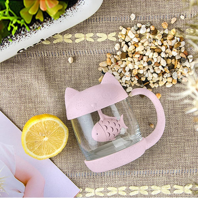 BigNoseDeer Cute Cat Glass Tea Mug Water Bottle-With Fish Tea Infuser Strainer Filter 250ML（8OZ ） tea accessories for tea lovers