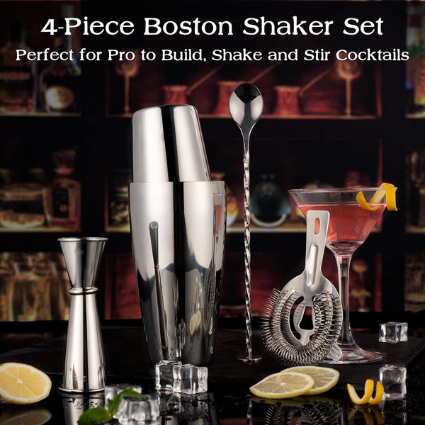 X Home Cocktail Shaker Set, Professional 4-Piece Bar Tool Set with Easy-to-Measure Jigger, 10-inch Mixing Spoon, Boston Shaker, and 2-Prong Bar Strainer, Bartender's Choice