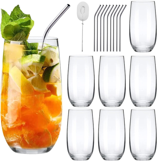 Ufrount Highball Glasses Set,Tall Drinking Cups Set of 8,Clear Water Glass Tumblers with Straws,16 OZ Glassware for Kitchen,Bar,Mojito,Cocktail,Juice,Mixed Drink,Water,Beer