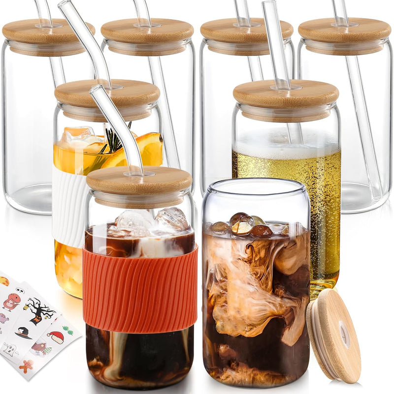 Porkus Glass Cups with Lids and Straws 4pcs,Glass Iced Coffee Cups with Lids 16oz-Drinking Glasses,Cute Cups Glass Coffee Cups with Silicone Sleeve/Stickers