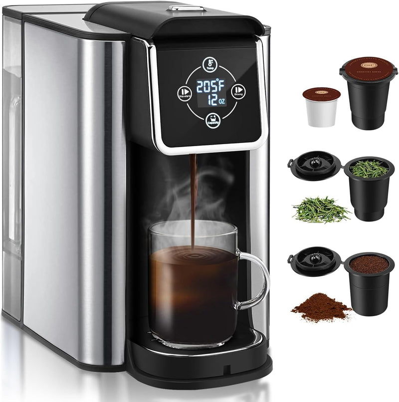 SIFENE Single Serve Coffee Maker, 3 in 1 Coffee Machine, Personal K-Pod Capsule Brewer for Ground Coffee & Loose Leaf Tea, 50oz Removable Water Reservoir, Black