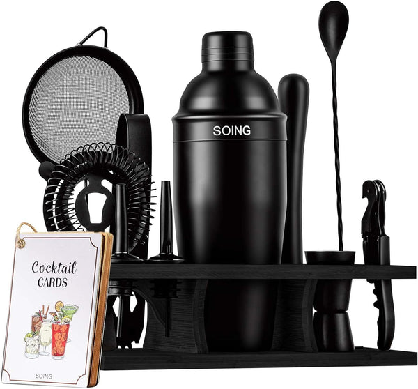 SOING 11-Piece Mixology Bartender Kit with Stand,Bar Kit Cocktail Shaker Set with All Essential Accessories:Martini Shaker,Spoon,Muddler,Strainer,Jigger,Tongs,Liquor Pourers