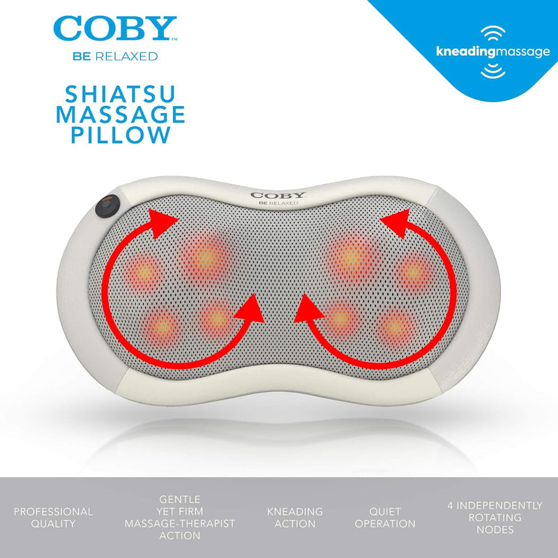 Coby Shiatsu Massage Pillow with Heat | Deep Tissue Kneading Therapeutic Cushion Pad for Back, Neck, Shoulders & Full Body Pain Relief | Rolling Balls & Adjustable Chair Strap for Home, Office & Auto