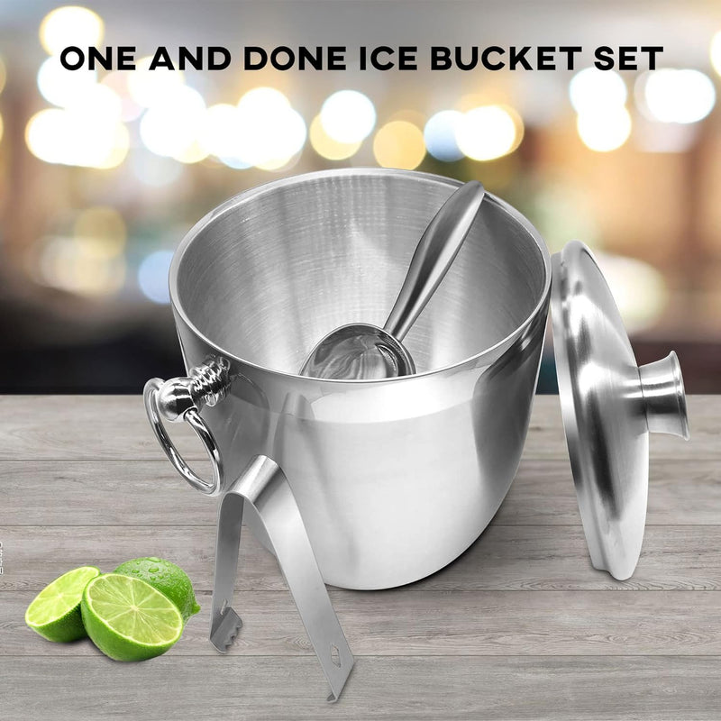 Fortune Candy Insulated Ice Bucket - Double Walled Stainless Steel Ice Bucket with Ice Tongs, Scoop, Lid, and Exclusive Handmade Nylon Holder - 2.8 L (Black)