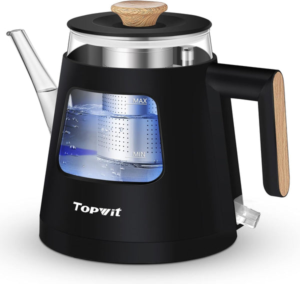 Topwit Electric Kettle, 1.0L Electric Tea Kettle with Removable Stainless Steel Infuser, BPA-Free Electric Glass Kettle with Window, Double Wall Water Warmer, Gooseneck Kettle, Auto-shut Off, Black