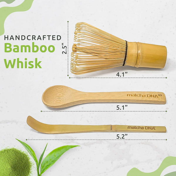Bamboo Matcha Whisk with Bamboo Spoon and Hooked Bamboo Scoop (Chashaku) Set by MATCHA DNA - Traditional Matcha Whisk Made from Durable and Sustainable Golden Bamboo for Matcha Tea Preparation