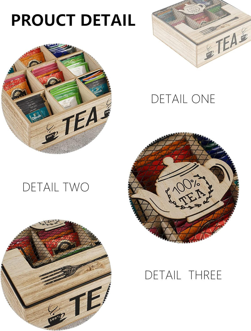 CBEYNCHOS Wooden Tea Box Storage,Tea Bag Organizer Holder for Home Restaurant Cafe Bar Party with Transparent Lid,Tea Chest,Rustic Wood,9 Compartments (Wood Color A)