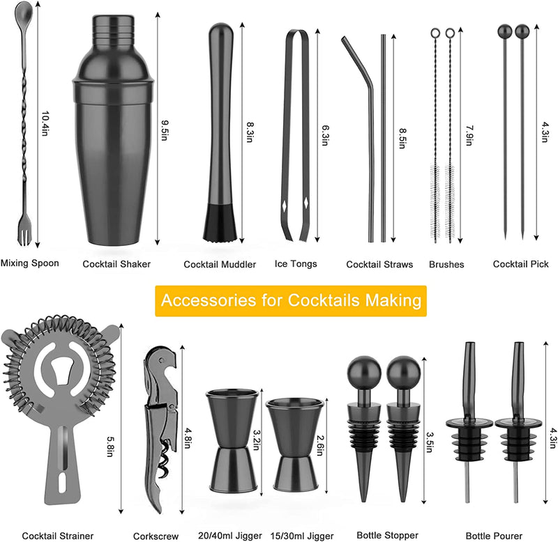 Vabaso 20 Piece Cocktail Shaker Set with Rotating Stand, 25oz Stainless Steel Black Bartender Kit Bar Tools Set for Home, Bars, Parties and Traveling, Cocktail Lovers Gift